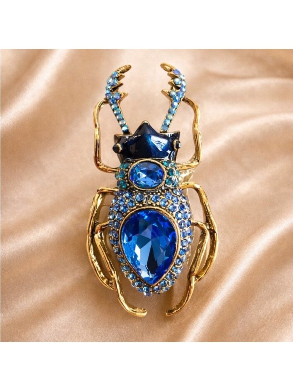 Vintage Gold Beetle Blue Crystal Brooch